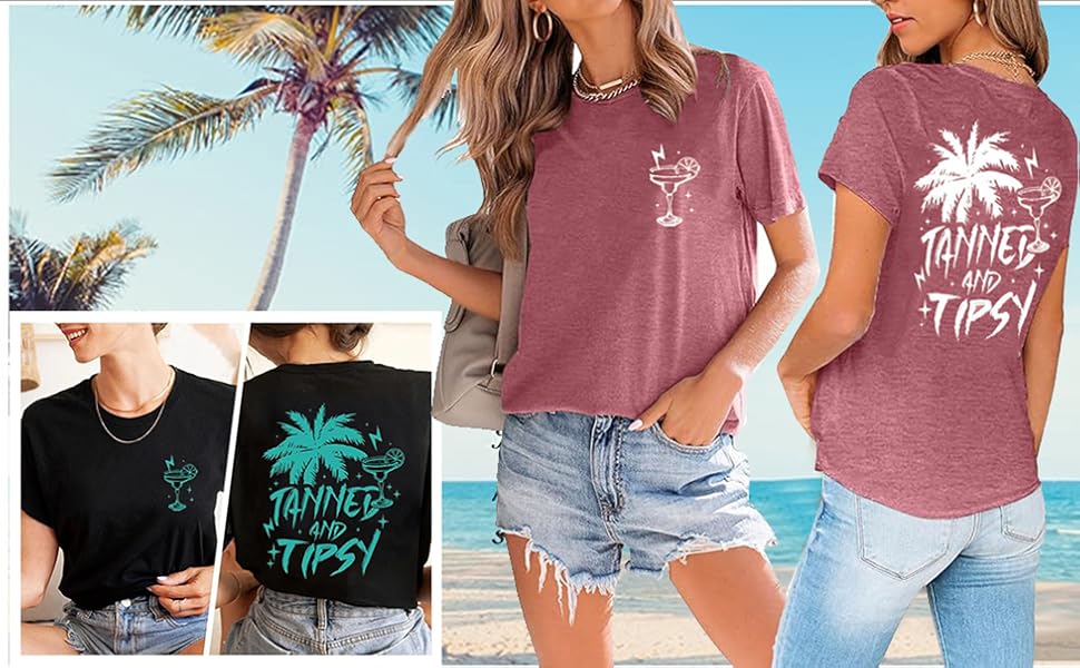 Tanned and Tipsy Beach Summer T-Shirt Women Funny Palm Tree Graphic Shirt Top Beach Party Shirt