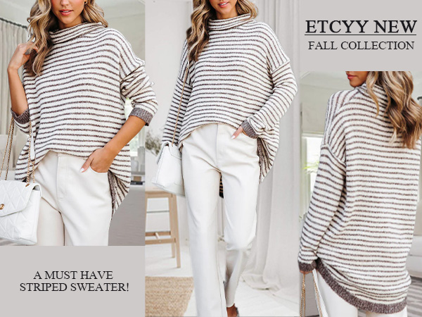 Trendy Fall Winter Turtle Cowl Neck Oversized Striped Tunic Sweaters for Women