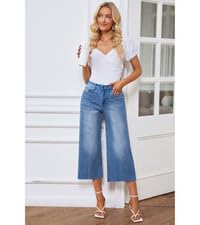 wide leg capri jeans cropped denim pants high waisted frayed raw hem