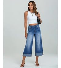 cuffed hem wide leg jeans for women high waisted casual jeans for women capri jeans cropped denim