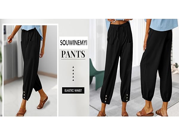 Womens Capri Pants Cotton Linen Cropped Trousers Summer Wide Leg Drawstring High Waist Palazzo Pants