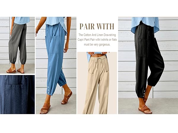 Womens Capri Pants Cotton Linen Cropped Trousers Summer Wide Leg Drawstring High Waist Palazzo Pants