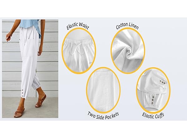 Womens Capri Pants Cotton Linen Cropped Trousers Summer Wide Leg Drawstring High Waist Palazzo Pants