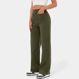 High Waisted Button Multiple Pockets Straight Leg Casual Pants