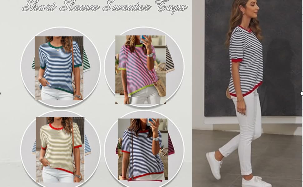 Womens Summer Short Sleeve Striped Sweaters