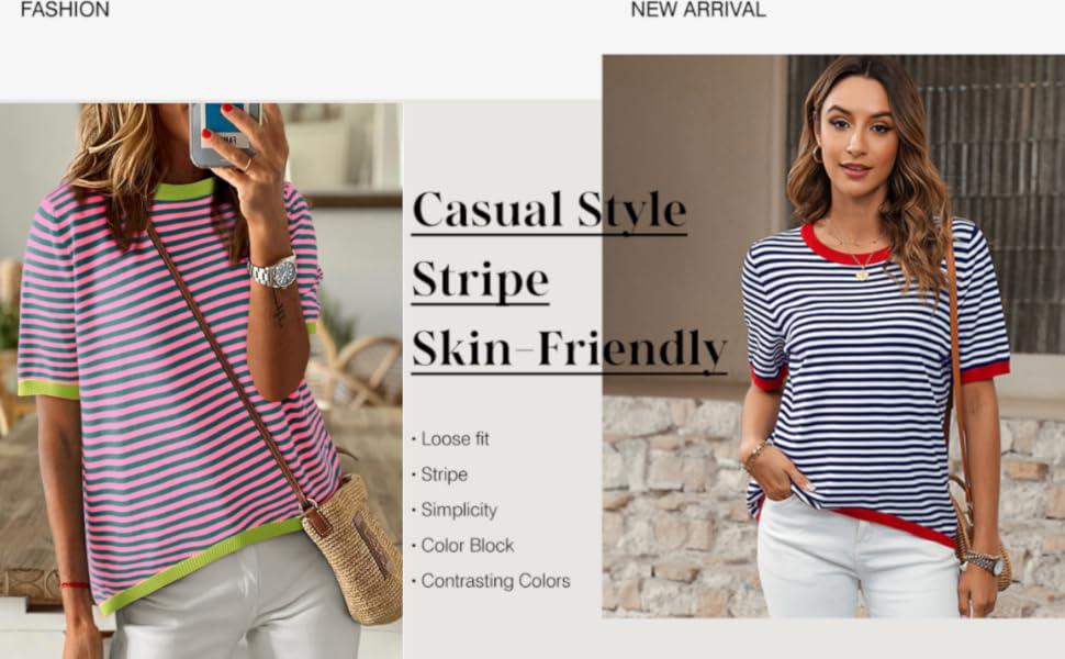 NARURAL Casual   short   sleeve  striped  tops