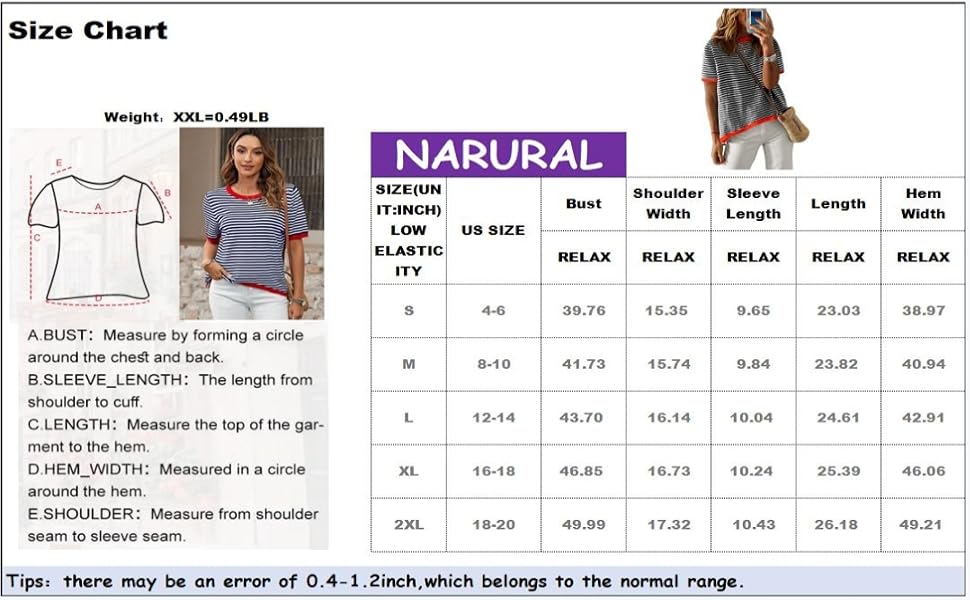 NARURAL short sleeve sweaters size chart