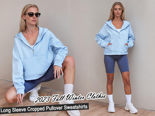 Womens Half Zip Cropped Hoodies Fleece Long Sleeve Pullover Sweatshirts 2023