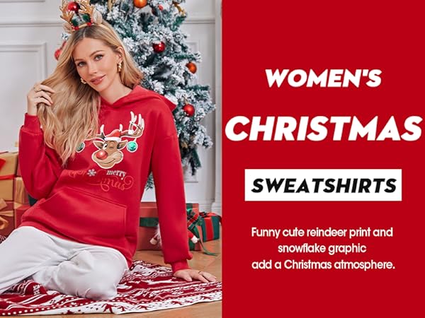 Women''s Christmas Oversized Hoodies Sweatshirts Long Sleeve Funny Cute Reindeer Print Holiday Tops  