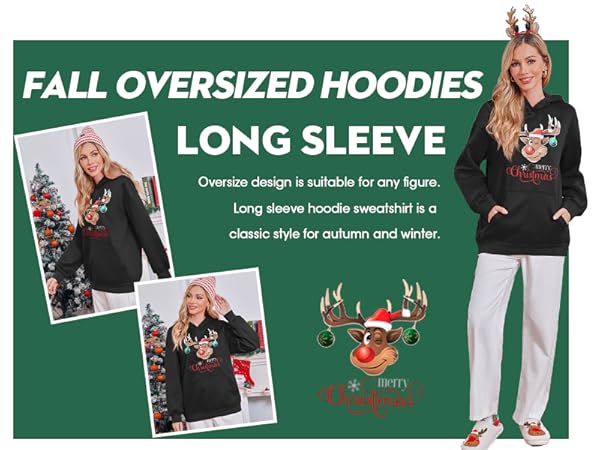 Women''s Christmas Oversized Hoodies Sweatshirts Long Sleeve Funny Cute Reindeer Print Holiday Tops  