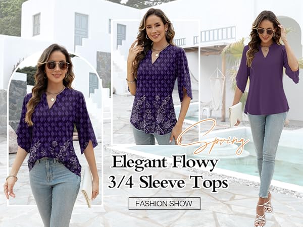 summer 3/4 sleeve elegant flowy blouses