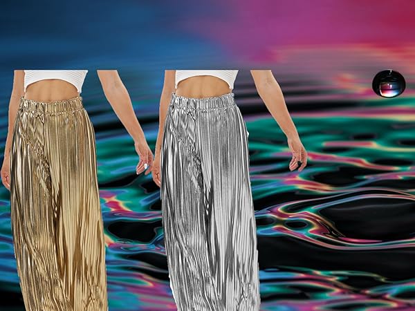 Women''s Metallic Wide Leg Palazzo Pants Gold Silver Casual Dress Evening Party Clubwear Trouser