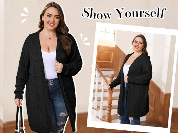 Plus Size Women''s Hooded Sweater Cardigan 