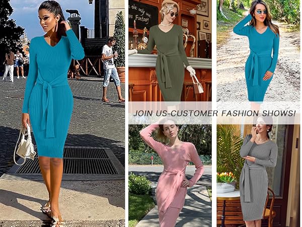 Womens Elegant V Neck Long Sleeve Dress Bodycon Ribbed Knit Tie Waist Midi Sweater Dresses