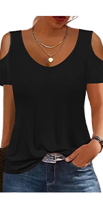 summer tops womens tunic top short sleeve cold shoulder v neck loose fit basic shirts casual bloues