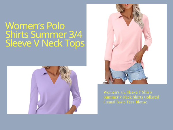 Women''s 3/4 Sleeves V Neck Polo T Shirts