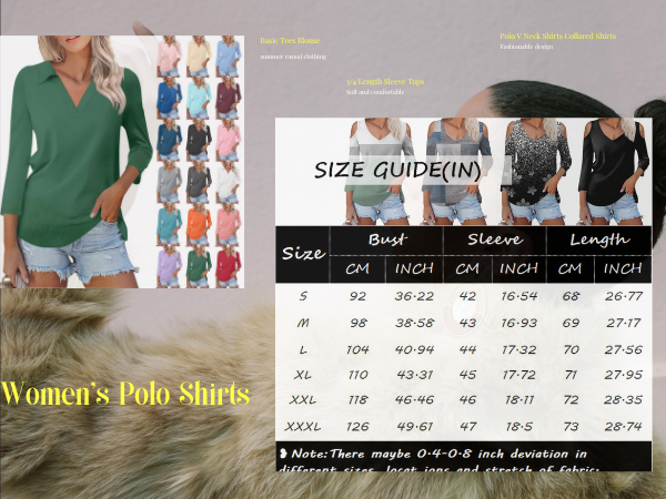 Women''s 3/4 Sleeve T Shirts Summer V Neck Polo Shirts Collared Casual Loose Fit Tops