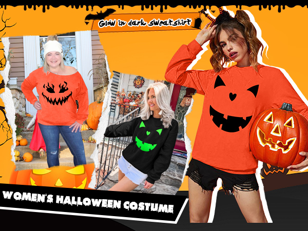 Halloween Pumpkin Face Sweatshirts Womens Jack O'' Lantern Pumpkin Pullover 