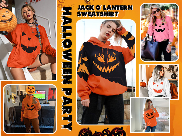 Halloween Pumpkin Face Sweatshirts Womens Jack O'' Lantern Pumpkin Pullover 