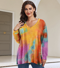 Tie Dye Sweatshirts for Women Plus Size Tops V Neck Side Split Shirt Long Sleeve Pullover Tee