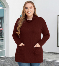 Women Turtleneck Knit Sweater Plus Size Side Split Pullover Tops with Pockets Long Sleeve Tunics