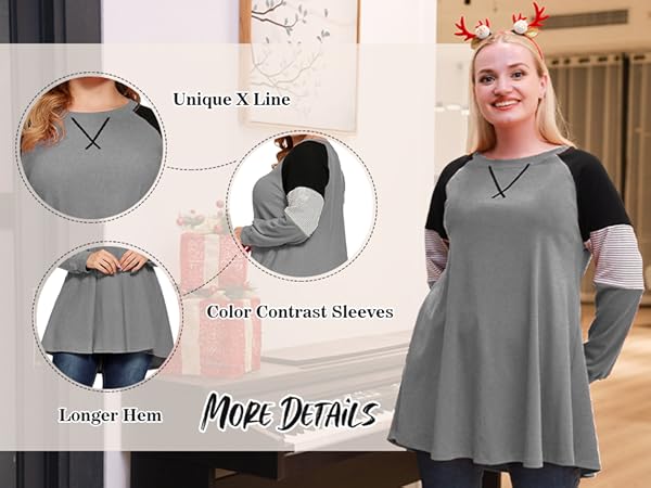 plus size tops women tunic for leggings crew round neck color block contrast raglan long sleeve T