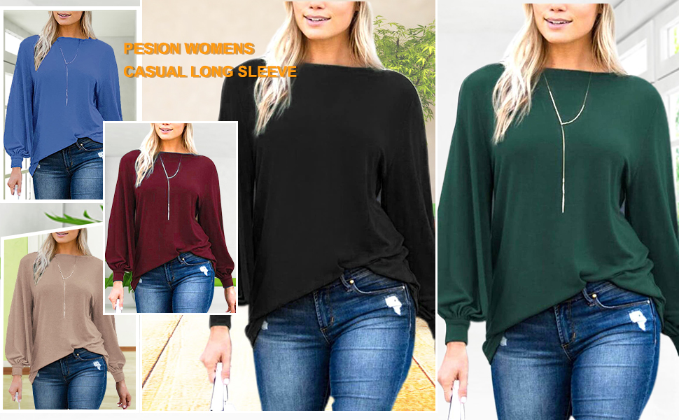  Womens Casual Bishop Sleeve Blouse Boat Neck T-Shirts Tunic Tops