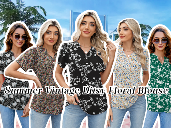 Women&#39;s Casual Tops Business Work Blouses Floral Button Down Shirts V Neck Tshirt