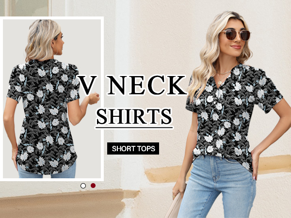 Women&#39;s Casual Boho Floral Print V Neck Short Sleeve T Shirts Henley Button down Blouses