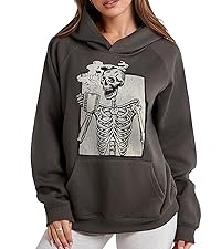 Cute Skull Graphic Print Oversized Fleece Halloween Hoodies for Women Baggy Pullover Top Couple Look