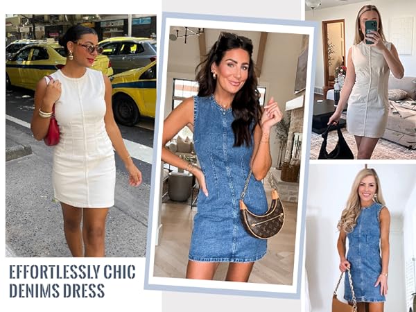 Women’s Sleeveless Bodycon Denim Mini Dress Casual Waist Tucks Tank Jean Dresses