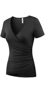 Beauhuty Womens Top Deep V Neck Slim Fitted T-Shirt Front Wrap Ruched Short Sleeve Tee