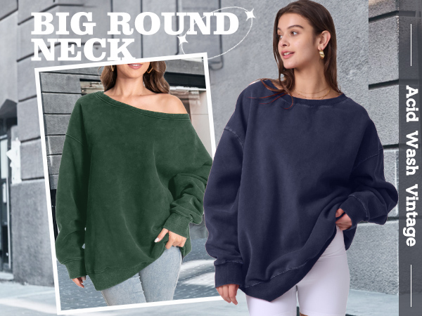 Hatant Asymmetrical Neck Drop Shoulder Sweatshirts Vintage Oversized Sweatshirt