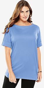 Perfect Cuffed Elbow-Sleeve Boat-Neck Tee Shirt