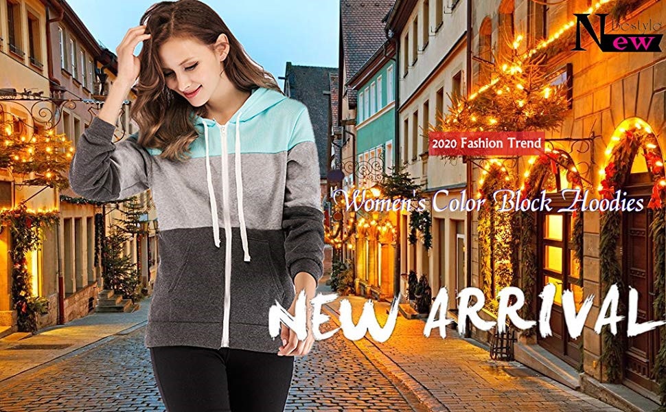 Newbestyle Women''s Casual Color Block Jersey Full Zip Fleece Hoodie Jacket with Kangaroo Pocket 