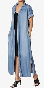 Tencel Chambray Denim Blue Belted Slit Midi Shirt Dress Medium