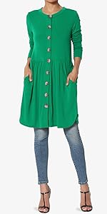 Button Front Pocket Shirt Dress Long Sleeve Cardigan Kelly Green