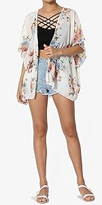 Floral Print Kimono Open Front Cardigan Chiffon Cover Up White