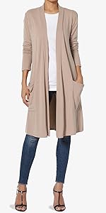 Casual Long Sleeve Pocket Open Front Knit Cardigan Light Mocha