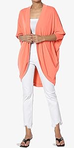 Cocoon Draped Jersey Knit 3/4 Sleeve Open Cardigan Coral