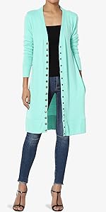 Snap Button V-Neck Long Sleeve Layering Long Cardigan Blue Mint