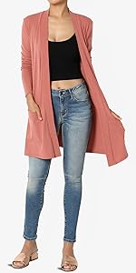 Casual Long Sleeve Pocket Open Front Knit Cardigan Ash Rose