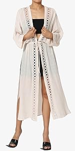 Lace Trim Caftan Tie Waist Duster Swim Cover Up Cardigan Natural