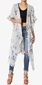 Floral Print Chiffon Ruffle Short Sleeve Open Long Cardigan Sand