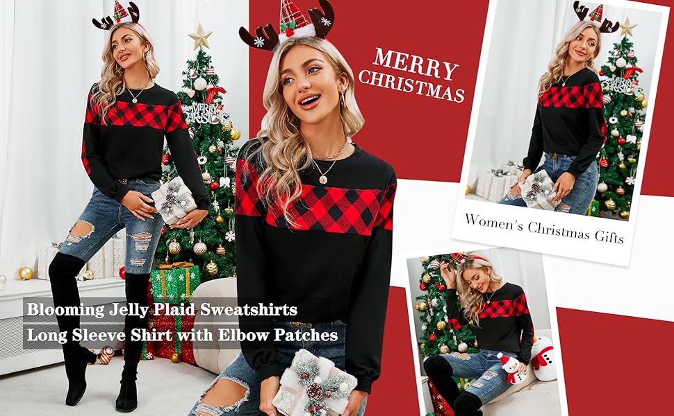 Blooming Jelly Women''s Christmas Shirts Family Matching Outfits Elbow Patches Crewneck Sweatshirts