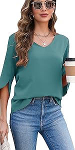 3/4 sleeve v neck blouses