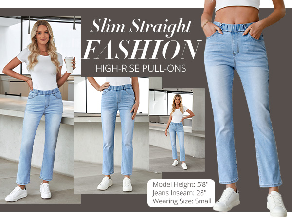 slim straight pull on jeans elastic denim pants women jean trousers high waisted