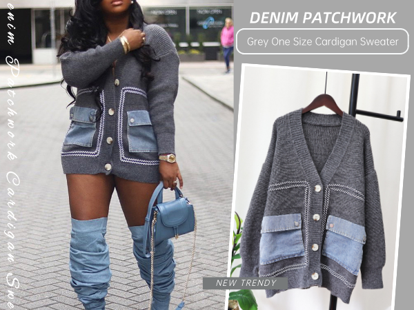 denim patchwork cardigan sweater