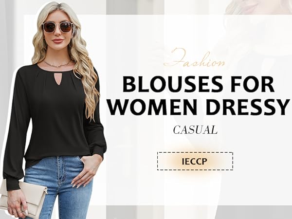 Crew Neck Blouses for Women Dressy Casual Elegant Long Sleeve Shirts Fall Keyhole Tops Loose Fit