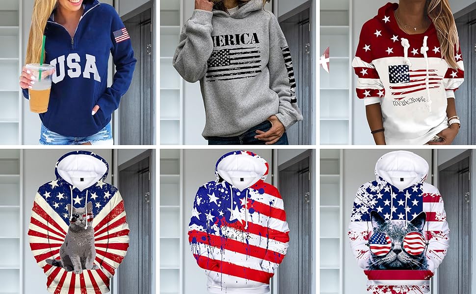 Womens Casual Long Sleeve American flag Sweatshirts Pullover Ladies Tops